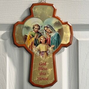 Religious Holy Family Cross Wall Decor God Bless This House Vtg Art Gold Foil